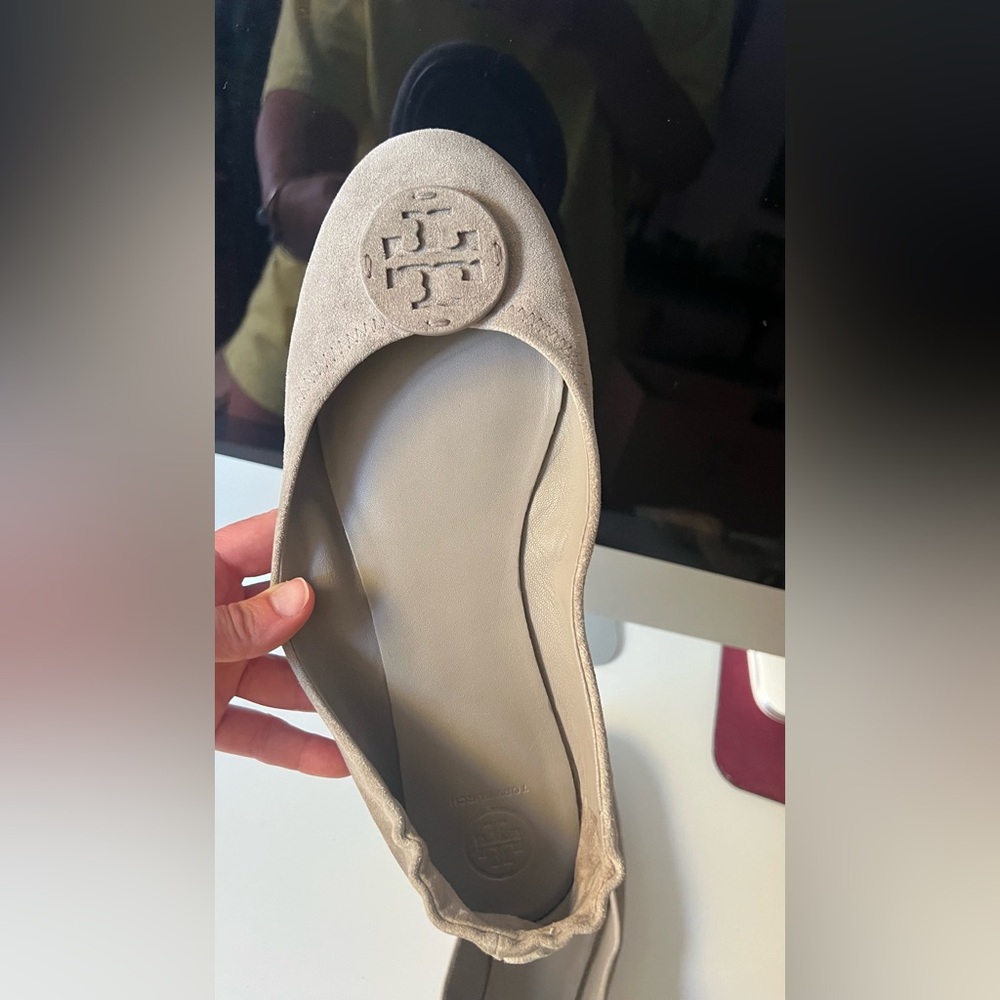 Tory Burch Minnie Suede Leather Travel Ballet Flat, Rocky Pebble